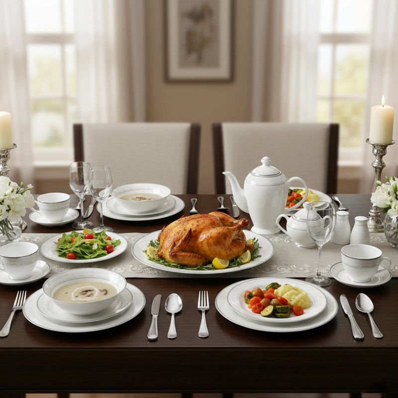 Shallow VERA 47Pc Bone China Dinnerware Set - White with Platinum-Silver Rim | Dinner Set with Plates, Bowls, Cups,Teapot & for Everyday Dining, Family Meals, Hosting & Formal Entertaining - Image 4