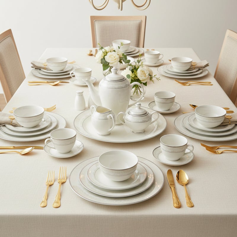 Shallow VERA 47Pc Bone China Dinnerware Set - White with Platinum-Silver Rim | Dinner Set with Plates, Bowls, Cups,Teapot & for Everyday Dining, Family Meals, Hosting & Formal Entertaining - Image 2