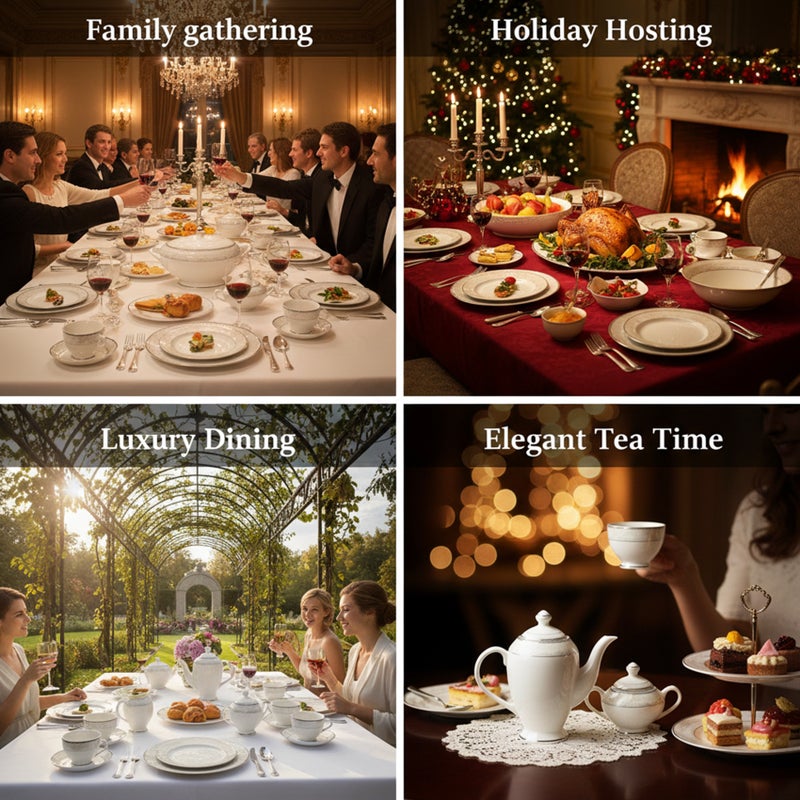 Shallow VERA 47Pc Bone China Dinnerware Set - White with Platinum-Silver Rim | Dinner Set with Plates, Bowls, Cups,Teapot & for Everyday Dining, Family Meals, Hosting & Formal Entertaining - Image 5