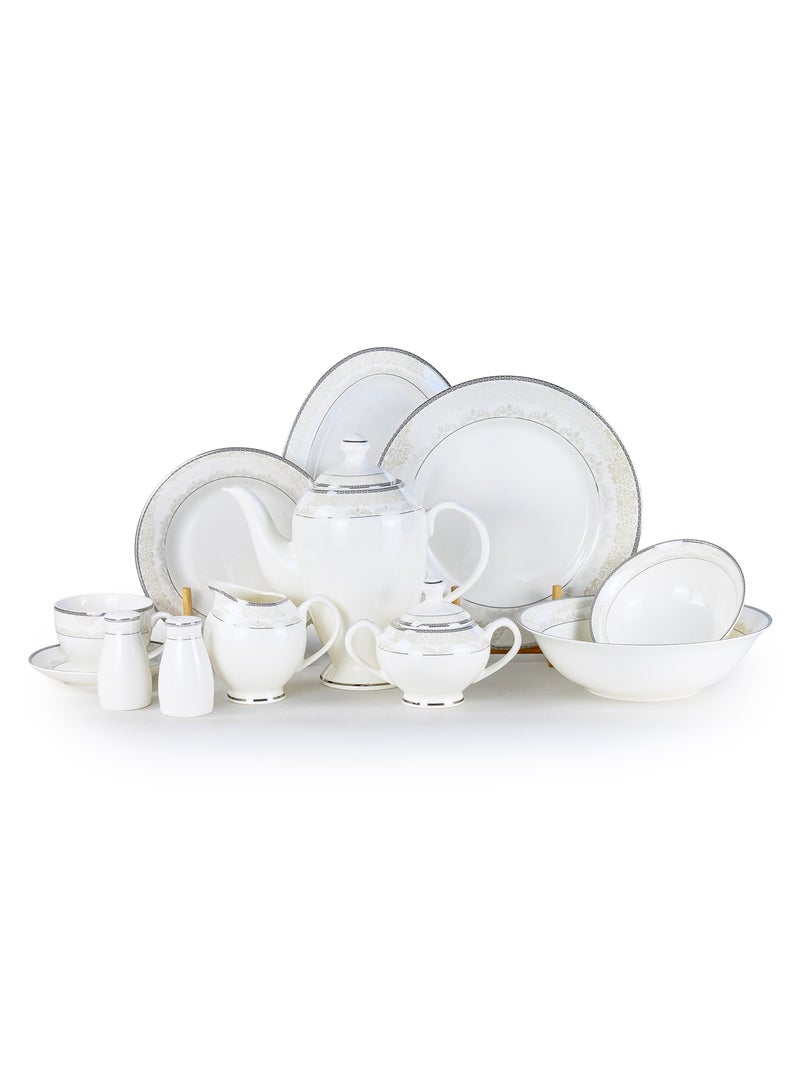 Shallow VERA 47Pc Bone China Dinnerware Set - White with Platinum-Silver Rim| Dinner Set with Plates, Bowls, Cups,Teapot&for Everyday Dining,Family Meals, Hosting & Formal Entertaining - Image 1