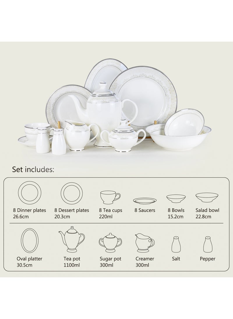 Shallow VERA 47Pc Bone China Dinnerware Set - White with Platinum-Silver Rim| Dinner Set with Plates, Bowls, Cups,Teapot&for Everyday Dining,Family Meals, Hosting & Formal Entertaining - Image 5
