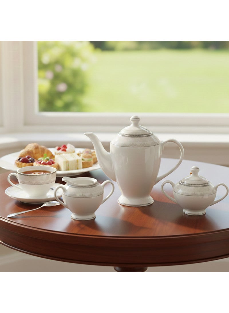 Shallow VERA 47Pc Bone China Dinnerware Set - White with Platinum-Silver Rim| Dinner Set with Plates, Bowls, Cups,Teapot&for Everyday Dining,Family Meals, Hosting & Formal Entertaining - Image 3