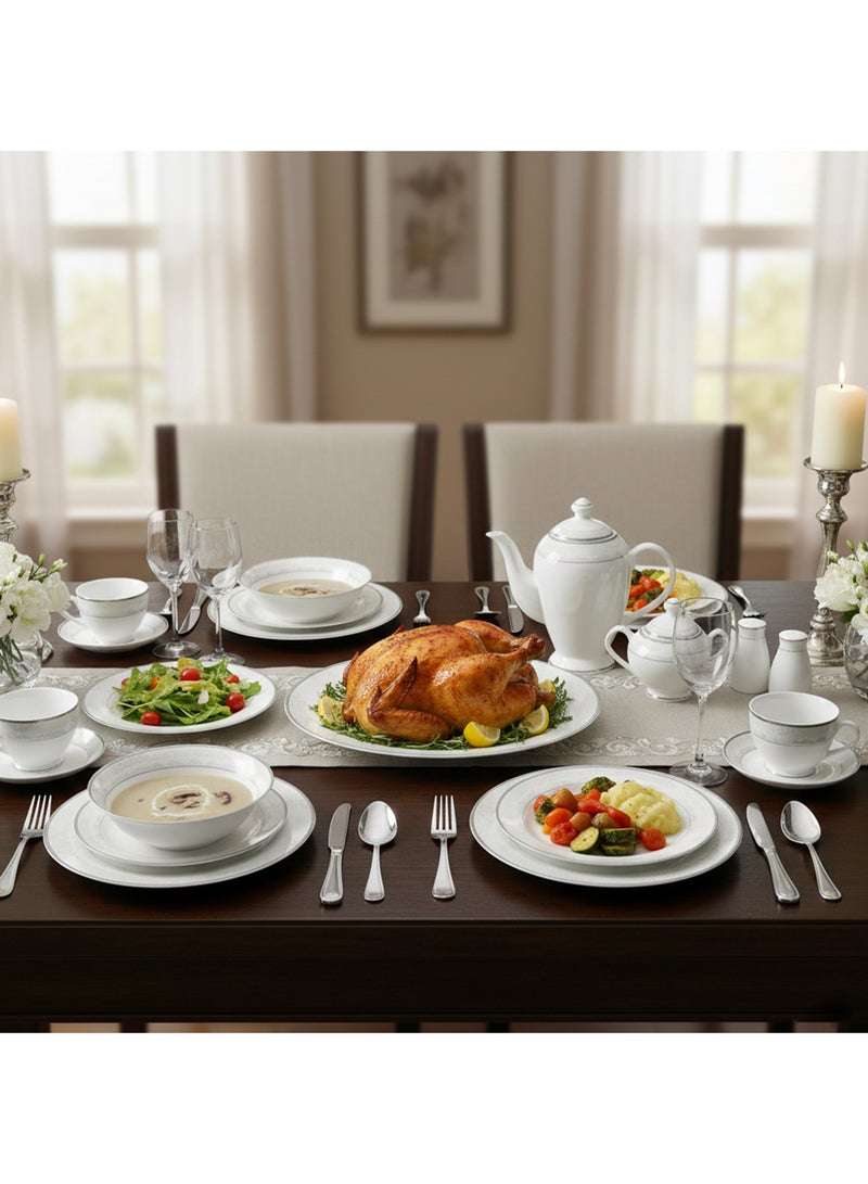 Shallow VERA 47Pc Bone China Dinnerware Set - White with Platinum-Silver Rim| Dinner Set with Plates, Bowls, Cups,Teapot&for Everyday Dining,Family Meals, Hosting & Formal Entertaining - Image 4
