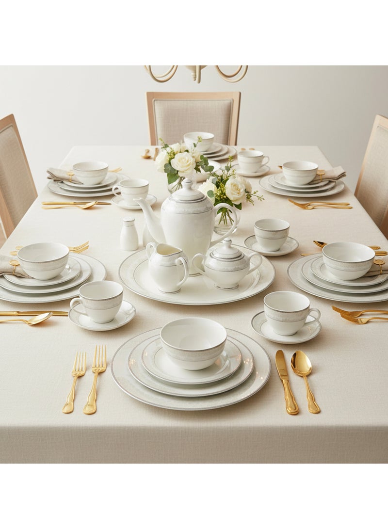 Shallow VERA 47Pc Bone China Dinnerware Set - White with Platinum-Silver Rim| Dinner Set with Plates, Bowls, Cups,Teapot&for Everyday Dining,Family Meals, Hosting & Formal Entertaining - Image 2