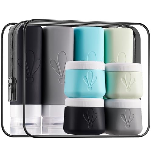 INSFIT travel bottles for toiletries 8 Pack, Leak proof Travel Size Toiletries Containers with toiletry bag, Squeezable Silicone Bottles & Cream Jars, Travel Essentials BPA-Free kit for Shampoo - Image 1