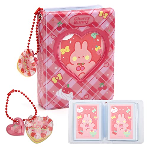 Windspeed Mini Kpop Photocard Holder Book, Windspeed 3 Inch Love Heart Hollow Photocard ID Holder Twice Photocard Binder 40 Pockets with Rabbit Card, Heart-Shape Pendant (1) - Image 1