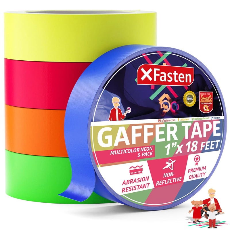 XFasten شريط غافر نيون متعدد الألوان، 1 بوصة × 18 قدم شريط غافر متعدد الاستخدامات (5 عبوات) - Image 1