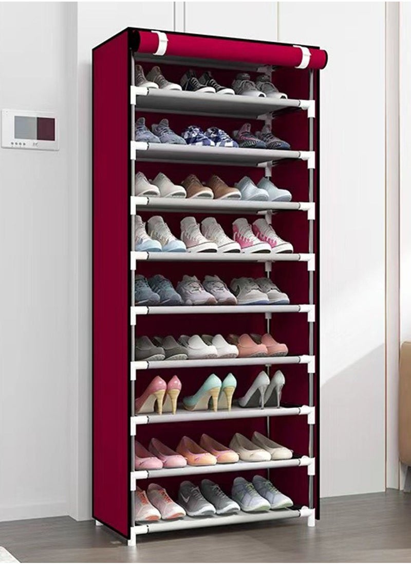 Swift 9 Tiers Shoes Rack with Dustproof Cover Adjustable Tall Shoe Storage Hold 24 Pairs of Shoes Cabinet Closet Shoe Organizer Shelf Doorway Corridor 30x60x155cm, Red 