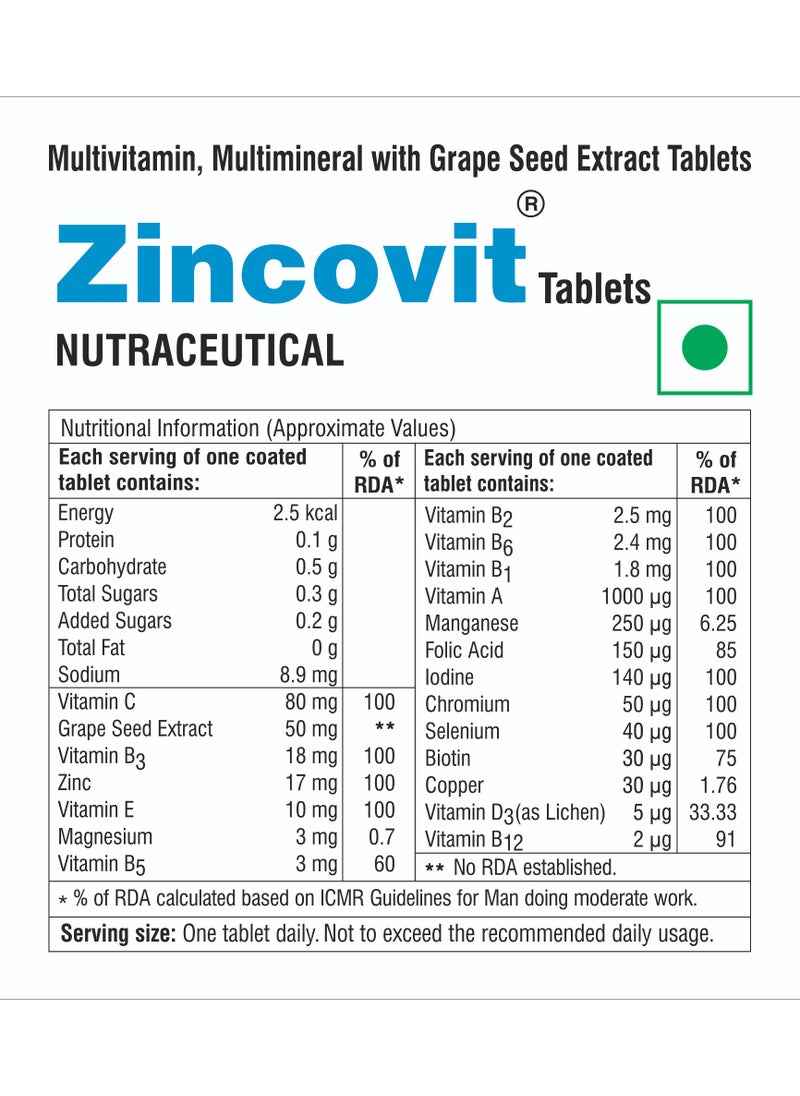 Zincovit Tablets - High Potency Multivitamin & Multimineral Supplement with Zinc, Selenium, Vitamins A, D, E, C, B, Magnesium, and Copper for Immune Support and Overall Wellness - 30 Tablets