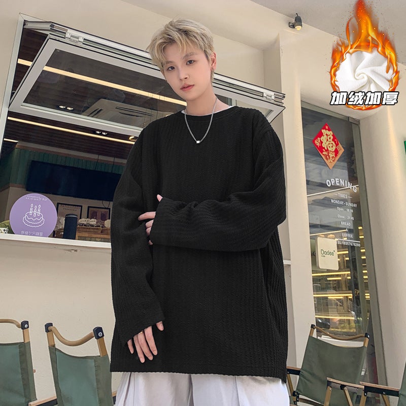American Style Simple Fleece-Lined Long-Sleeved T-Shirt Men'S 2024 Japanese Style Design Sense Loose Top Inner T-Shirt - Image 3