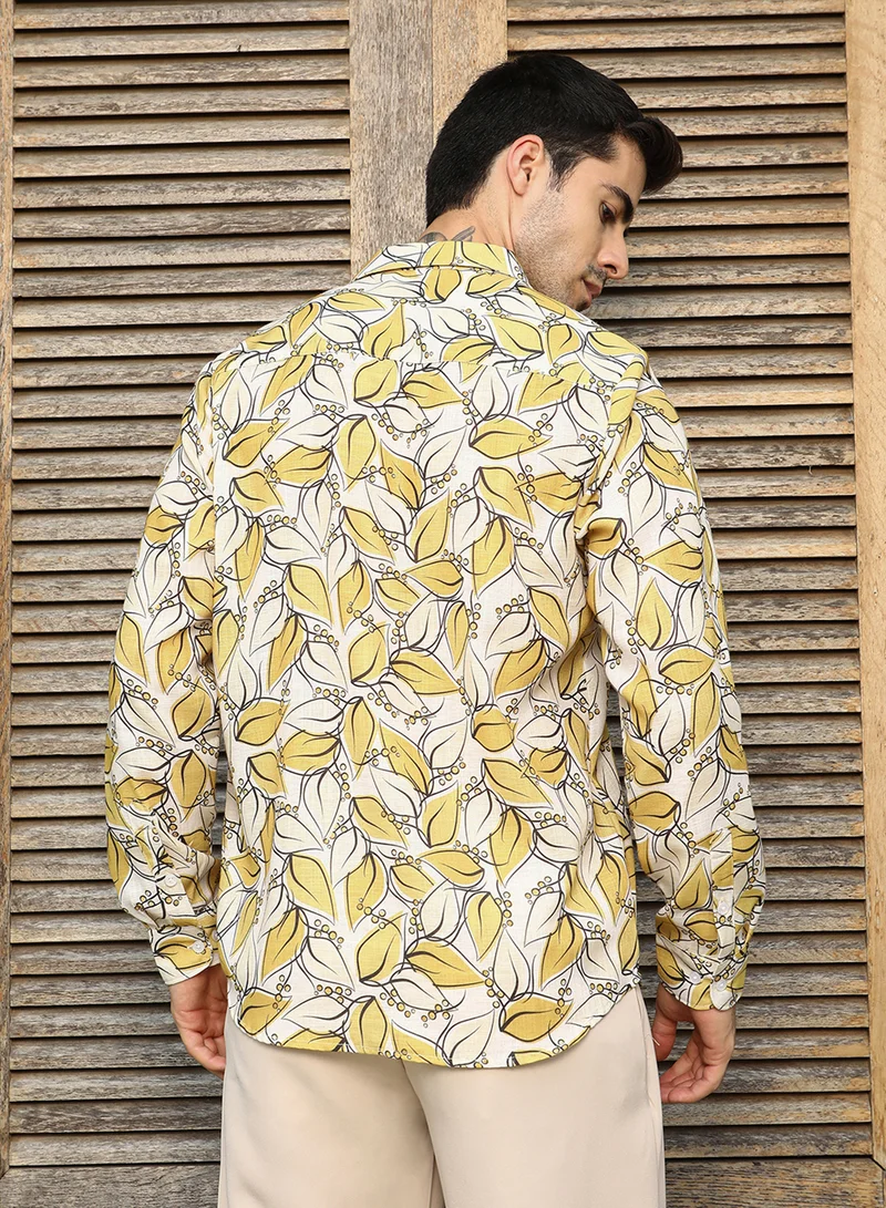 Campus Sutra Campus Sutra Men's Yellow Ochre Leaflet Imprint Shirt For Casual Wear | Spread Collar | Long Cuffed Sleeves | Button Closure | Shirt Crafted With Comfort Fit For Everyday Wear