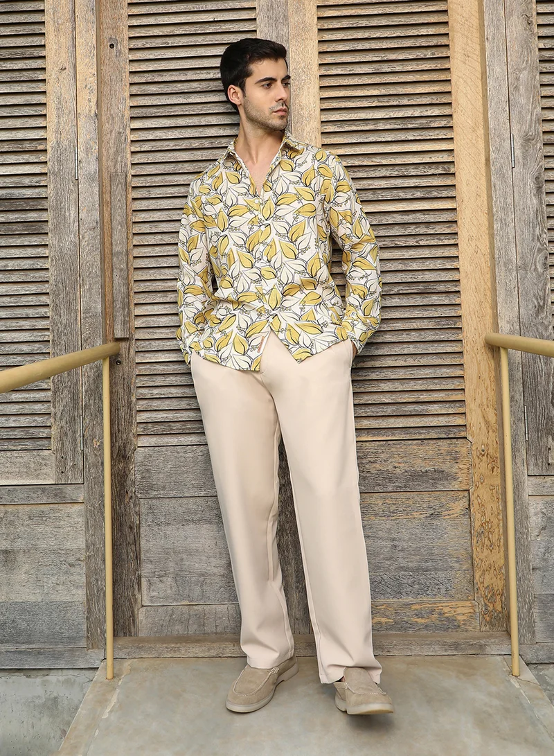 Campus Sutra Campus Sutra Men's Yellow Ochre Leaflet Imprint Shirt For Casual Wear | Spread Collar | Long Cuffed Sleeves | Button Closure | Shirt Crafted With Comfort Fit For Everyday Wear