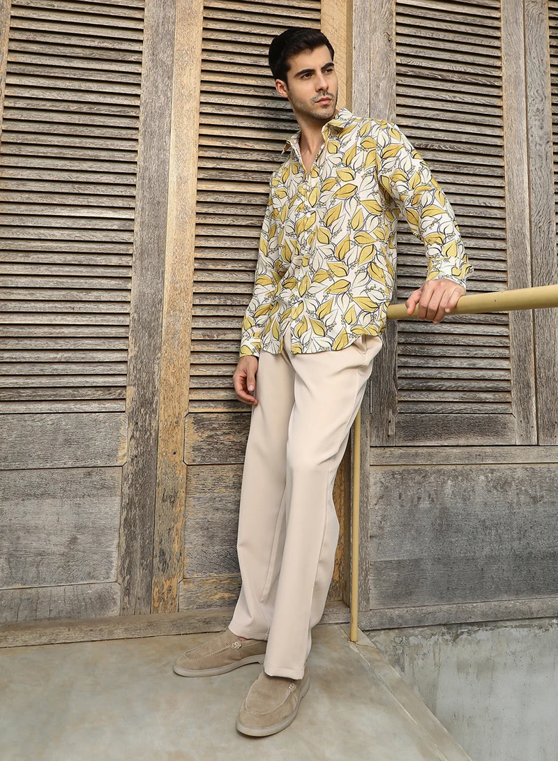 Campus Sutra Campus Sutra Men's Yellow Ochre Leaflet Imprint Shirt For Casual Wear | Spread Collar | Long Cuffed Sleeves | Button Closure | Shirt Crafted With Comfort Fit For Everyday Wear