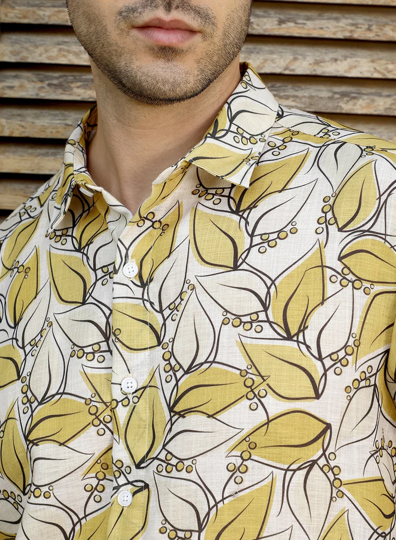 Campus Sutra Campus Sutra Men's Yellow Ochre Leaflet Imprint Shirt For Casual Wear | Spread Collar | Long Cuffed Sleeves | Button Closure | Shirt Crafted With Comfort Fit For Everyday Wear