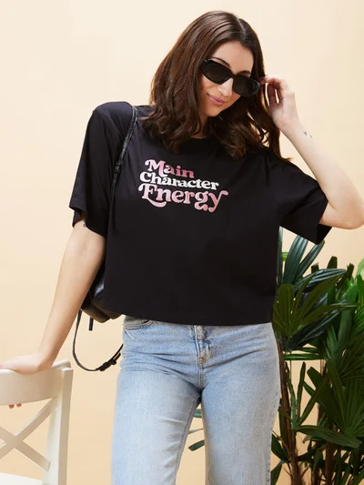 جلو باص Globus Women Typography Printed Pure Cotton Oversized T-Shirt