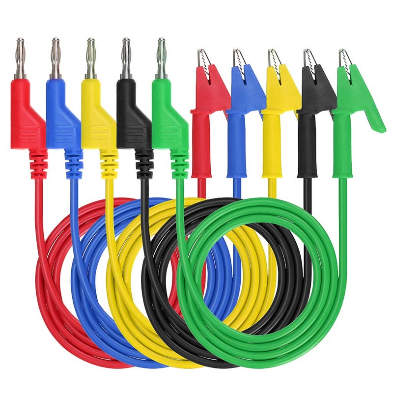 Sumnacon Multimeter Banana Plug to Crocodile Alligator Clip Test Probe, 5PCS 4mm Stackable Colorful Silicone Banana Plug to Alligator Clip Test Probe Lead Wire Cable 1M - Image 1