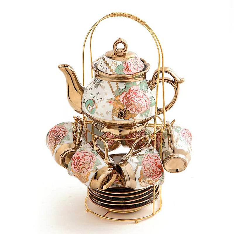 CHANJOON Gold Plated Red Rose Ceramic Tea Set Vintage Teapot Beautiful Tea Set Coffee Serving 6 People Golden large