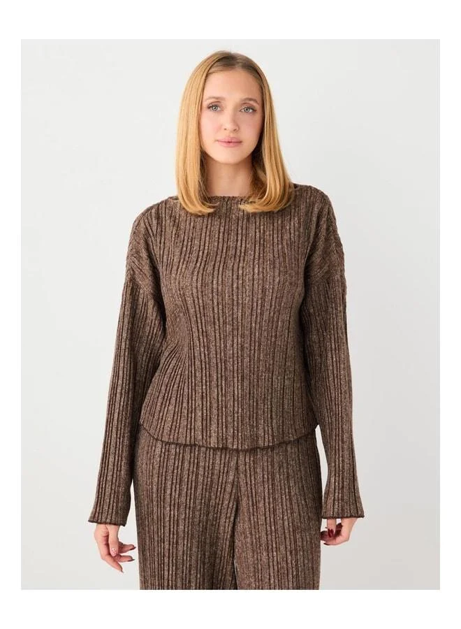 Jimmy Key Coffee Mélange Comfortable Cut Boat Neck Long Sleeve Knit Blouse.
