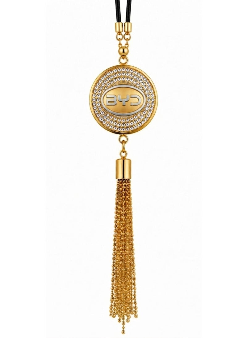 A stylish car pendant featuring a gold metal BYD logo and a touch of luxurious crystal.