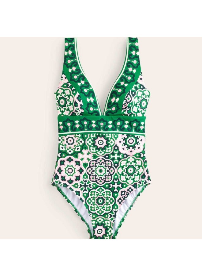 Loquat Mu Zhi 2024 Women's Swimsuit Bikini Backless One-piece Bikini Retro Green Diamond Conservative Swimsuit-Color:Green- - Image 5