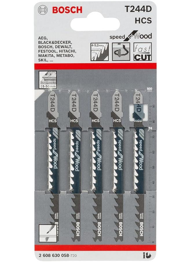 BOSCH Bosch Pack of 5 T244D Wood Jigsaw Blades - 2608630058 