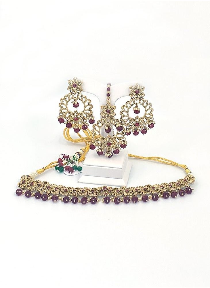 GOHONA GOHONA Royal Bling Bollywood Traditional Indian Jewelry  Necklace With Earrings Set and 1 Tikka Maroon colour  - Image 2