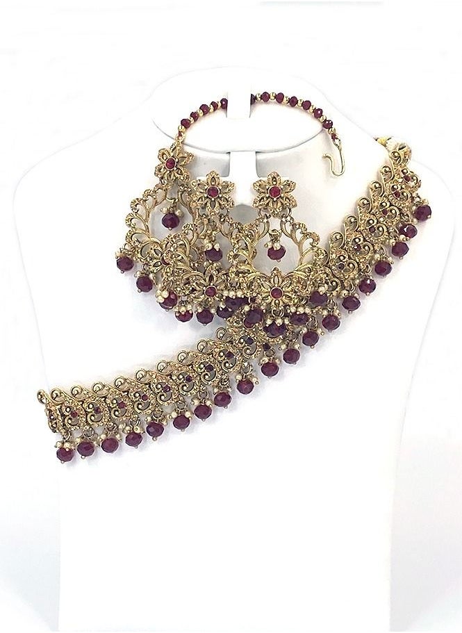 GOHONA GOHONA Royal Bling Bollywood Traditional Indian Jewelry  Necklace With Earrings Set and 1 Tikka Maroon colour  - Image 1
