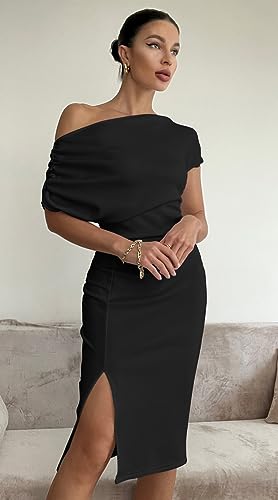 Memoriesea Women's Elegant Off Shoulder Split Hem Bodycon Ruched Midi Club Party Dress Black - Image 4