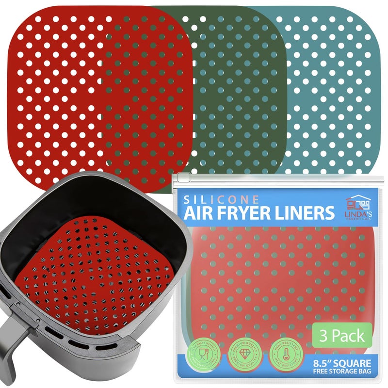 Linda's Essentials Reusable Square Silicone Air Fryer Liners 85 Inch 3 Pack by Lindas Essentials  NonStick EasyClean Accessories with Cheat Sheet  Recipe Book Perfect for Quick Meals 