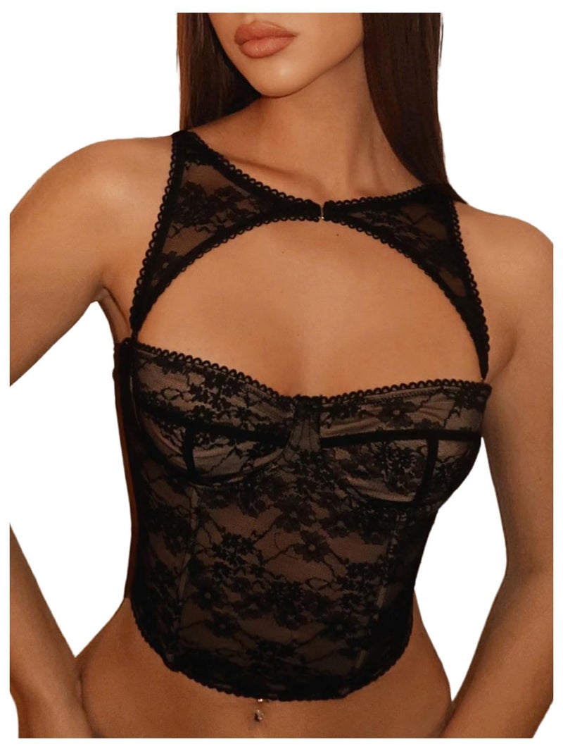 WDIRARA Women's Cut Out Lace Crop Bustier Corset Tank Top Sexy Going Out Party Club Tops Black X-Small - Image 1