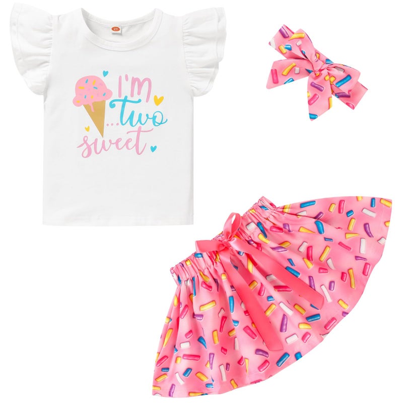Viworld Toddler Baby Girl Clothes Two Sweet Birthday Outfit Short Sleeve Ruffle Top +Donut Skirts 2nd Birthday Outfits Girl 3Pcs - Image 1