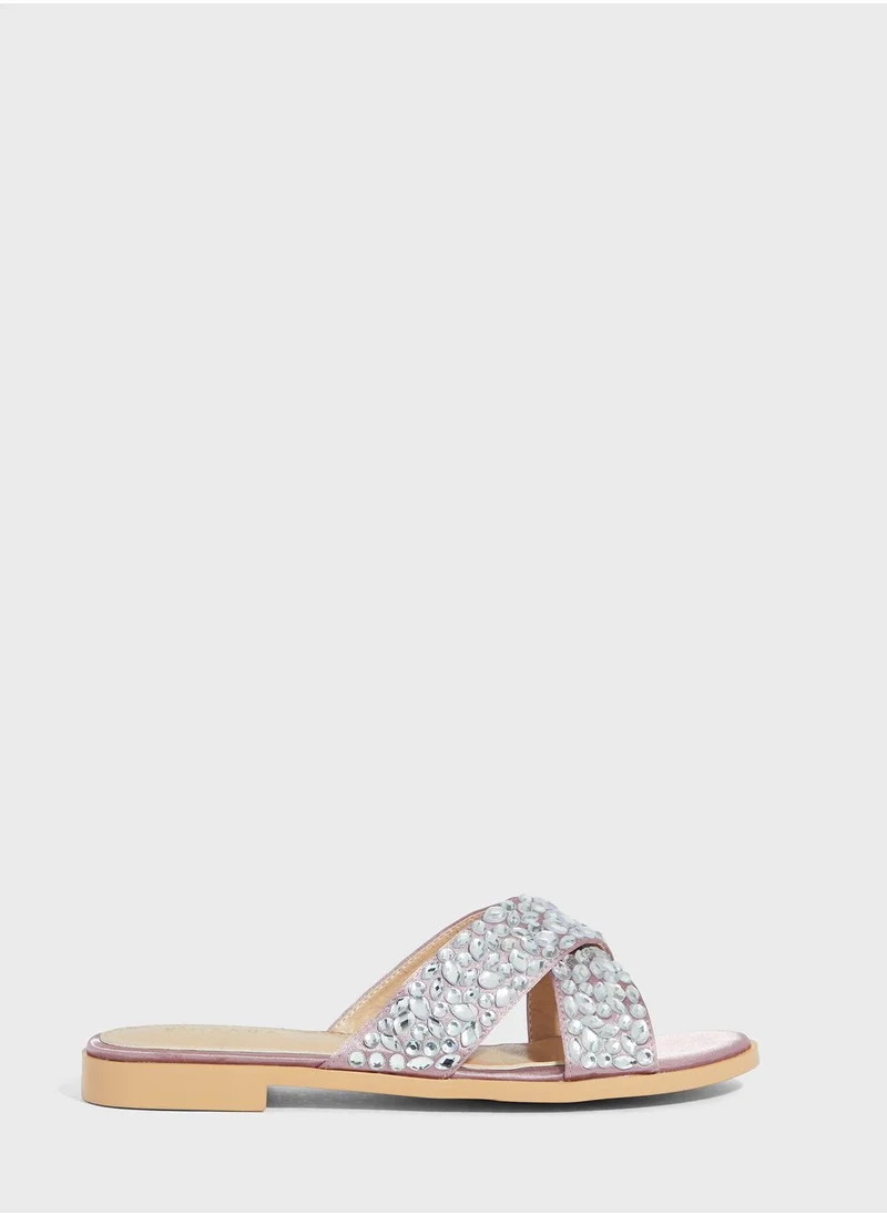 Khizana Jewel Encrusted Crossover Flat Sandals