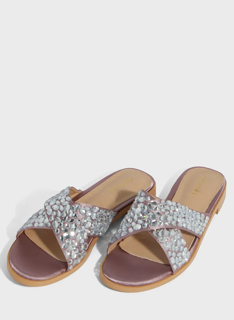 Khizana Jewel Encrusted Crossover Flat Sandals