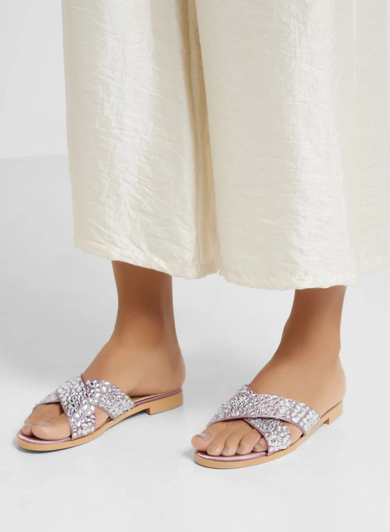 Khizana Jewel Encrusted Crossover Flat Sandals