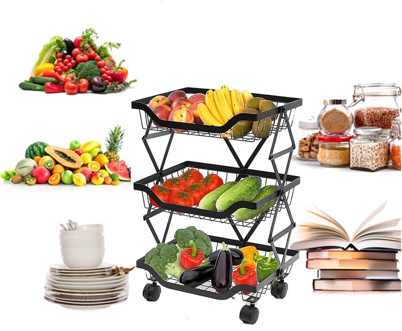 Abhsant 3 Tier Foldable Fruit Basket Metal Wire Basket with Wheels,No Assembly Fruit and Vegetable Stackable Storage Basket Organizer Bins for Kitchen,Bathroom,Pantry (3 Tier) - Image 1