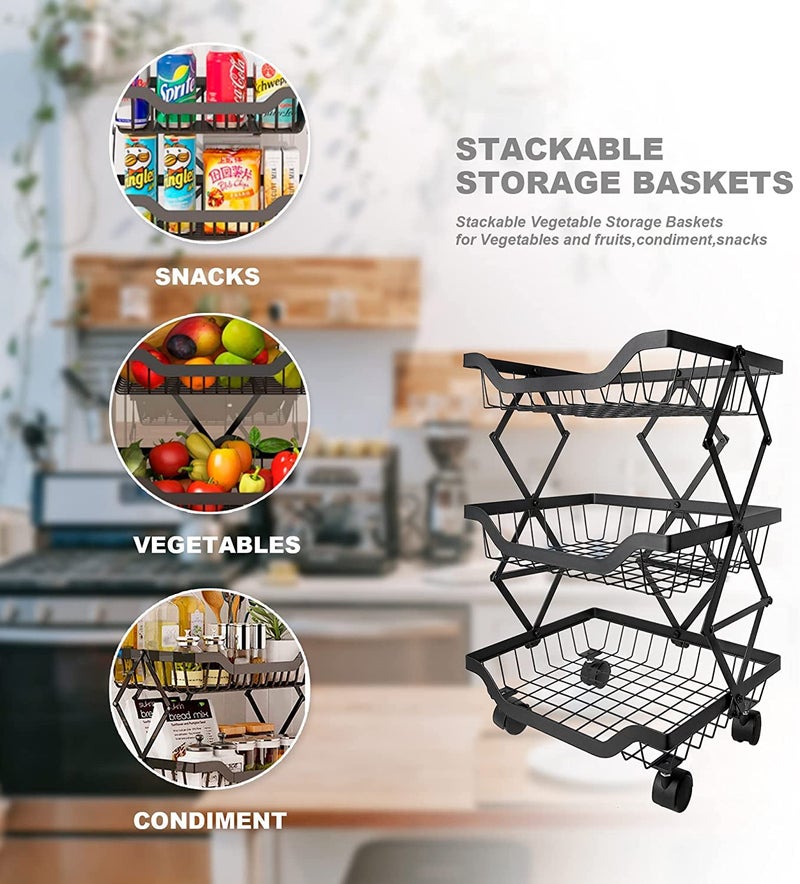 Abhsant 3 Tier Foldable Fruit Basket Metal Wire Basket with Wheels,No Assembly Fruit and Vegetable Stackable Storage Basket Organizer Bins for Kitchen,Bathroom,Pantry (3 Tier) - Image 5