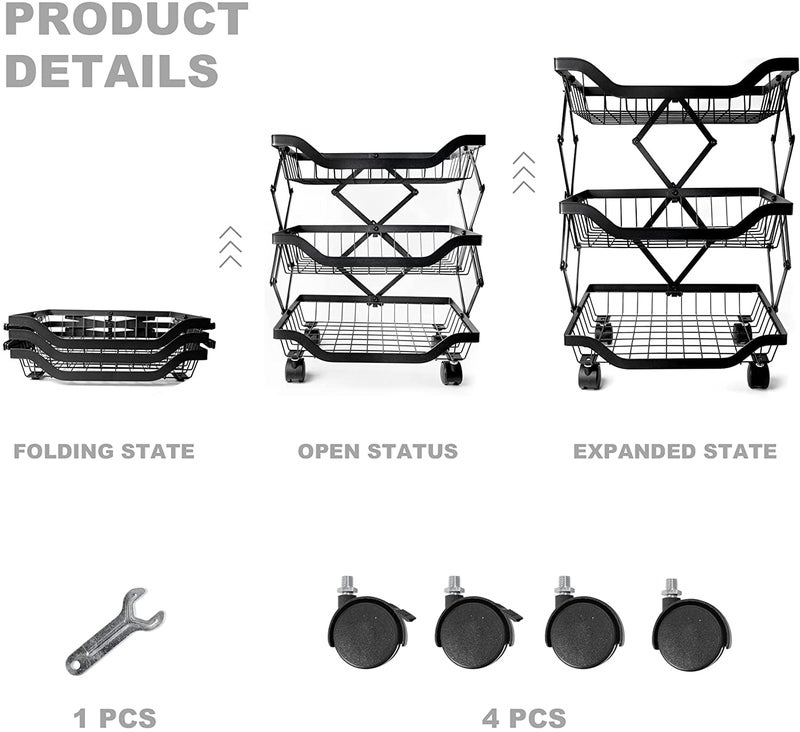 Abhsant 3 Tier Foldable Fruit Basket Metal Wire Basket with Wheels,No Assembly Fruit and Vegetable Stackable Storage Basket Organizer Bins for Kitchen,Bathroom,Pantry (3 Tier) - Image 4