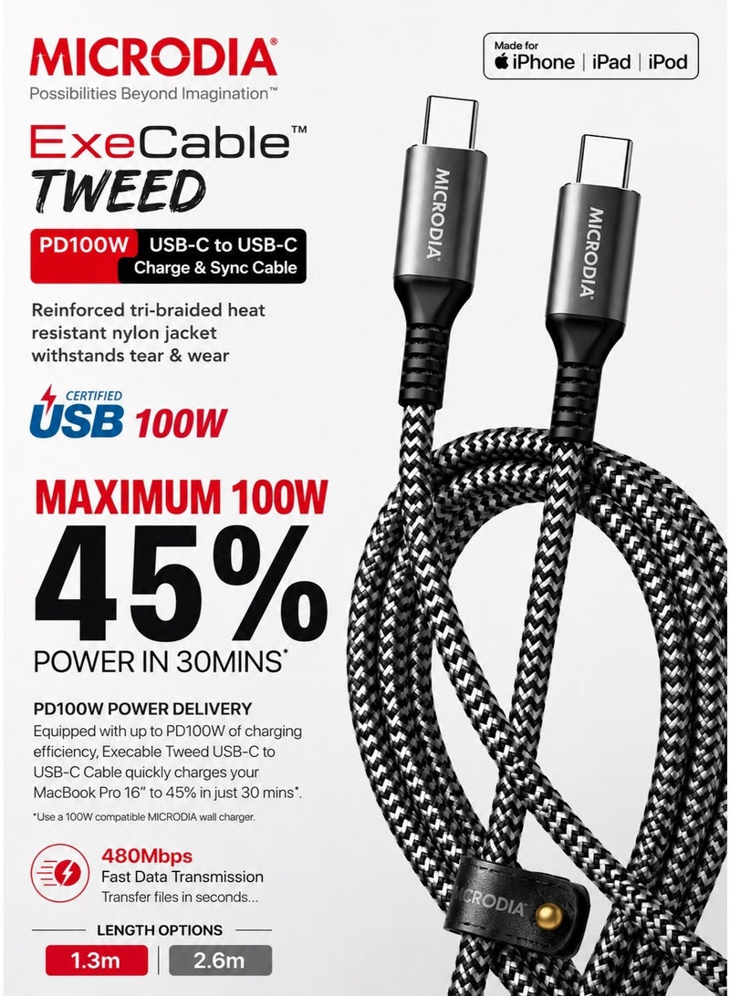 ميكروديا مايكروديا EXECable Tweed كابل USB-C إلى USB-C PD100W للشحن السريع، نقل بيانات بسرعة 480Mbps، نايلون مضفر ثلاثي الطبقات، شريحة E-Mark ذكية، بطول 1.3 متر أو 2.6 متر - Image 4