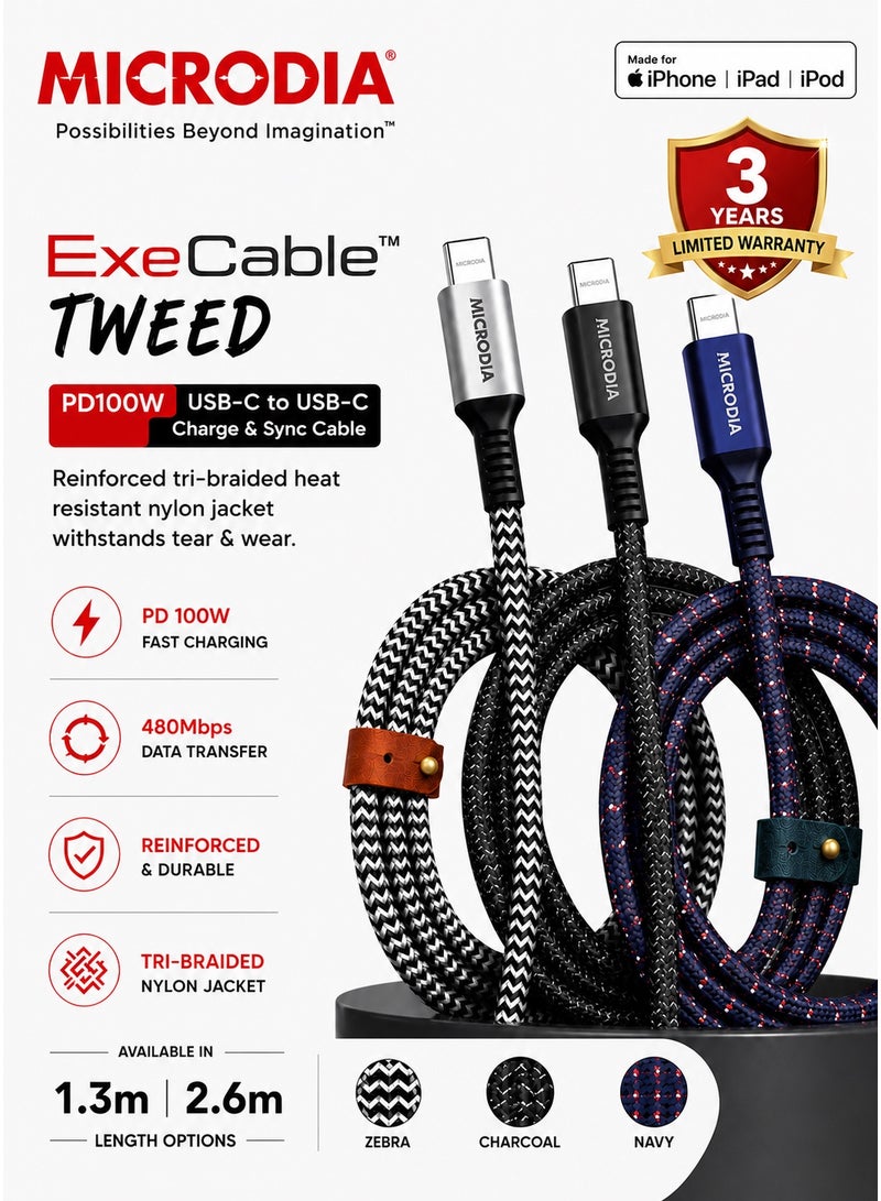ميكروديا مايكروديا EXECable Tweed كابل USB-C إلى USB-C PD100W للشحن السريع، نقل بيانات بسرعة 480Mbps، نايلون مضفر ثلاثي الطبقات، شريحة E-Mark ذكية، بطول 1.3 متر أو 2.6 متر - Image 1