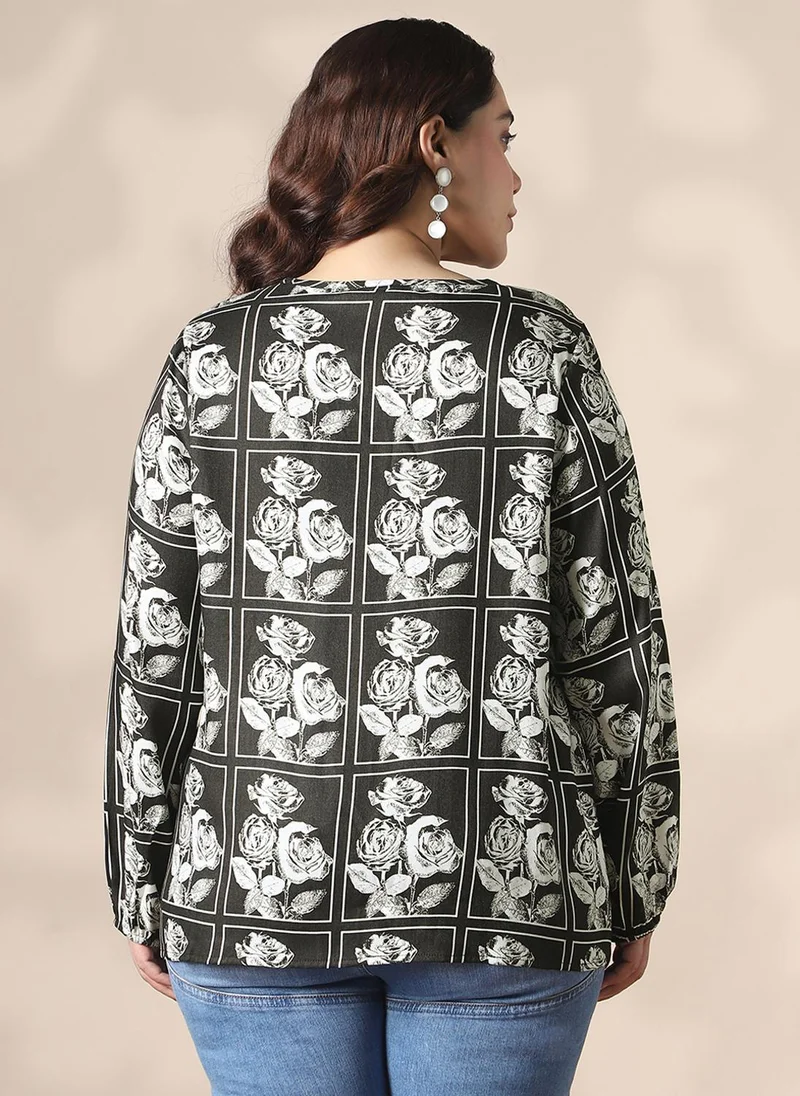 globus Globus Gloplus Women Black Keyhole Neck Bishop Sleeves Floral Print Plus Size Top