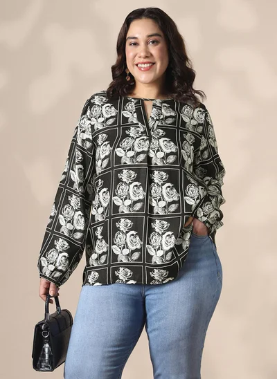 globus Globus Gloplus Women Black Keyhole Neck Bishop Sleeves Floral Print Plus Size Top