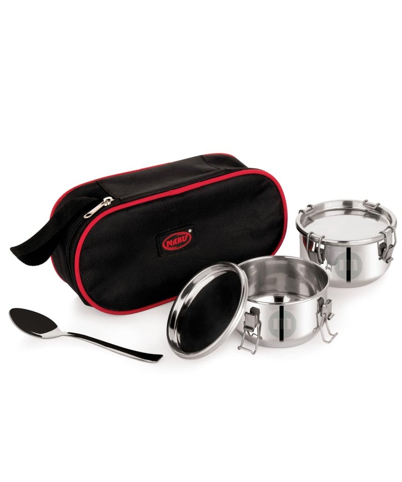 MARU Steel Tiffin Box Set of 2, 350ml Leakproof Containers with Insulated Bag, Easy to Carry & Clean, Airtight Lunch Box for Kids & Adults, Perfect for School & Office. Multi Compartments for Foods