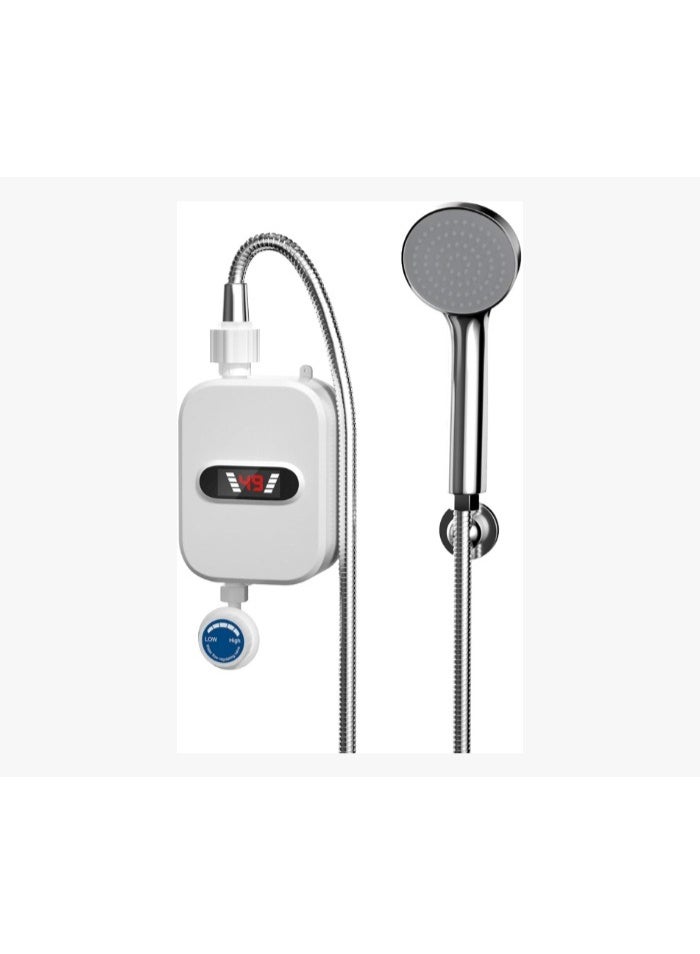 Macon Instant Electric Tankless water heater with shower head, temperature control, and LED display, in white. - Image 4