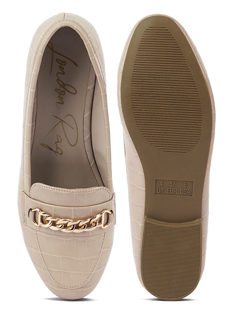 London Rag Beige Gold Chain Detail Flat Loafers  - Image 4