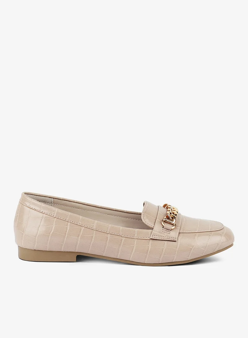 Beige Gold Chain Detail Flat Loafers