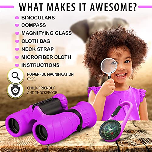 Promora Binoculars for Kids, Set with Magnifying Glass & Compass Purple - Perfect Toy for Little Boys and Girls, Kids Binoculars for 3-12 Years Boys and Girls Present for Toddler - Image 3