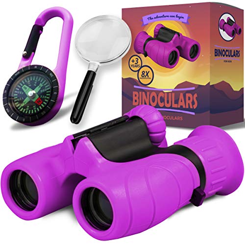 Promora Binoculars for Kids, Set with Magnifying Glass & Compass Purple - Perfect Toy for Little Boys and Girls, Kids Binoculars for 3-12 Years Boys and Girls Present for Toddler - Image 1
