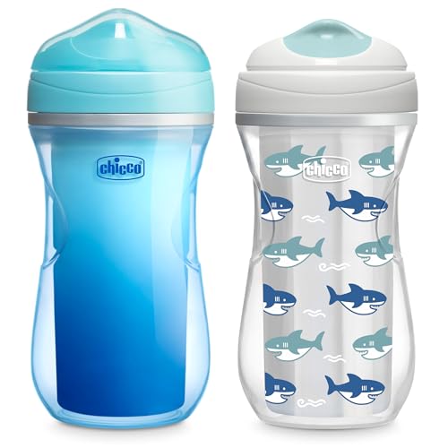 Chicco Insulated Sippy Cup 12 Months 9oz Toddler Training Cup with BiteResistant NoSpill Rim Spout DoubleWall BPAFree 2Pack BlueSharks - Image 1