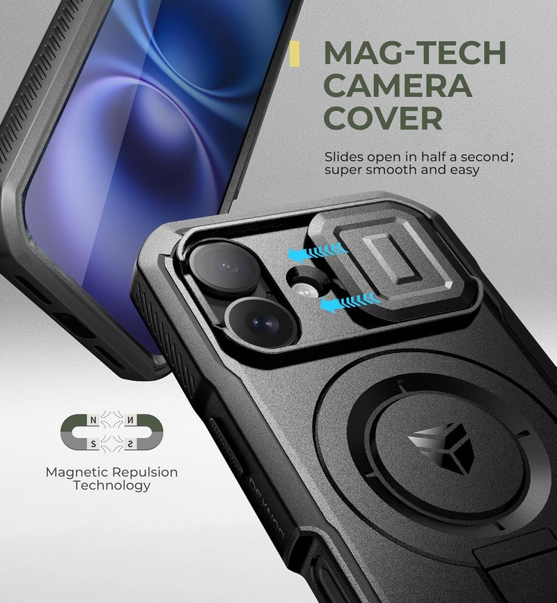 Dexnor for iPhone 16 Case with Slide Camera Cover & Adjustable Kickstand & Built-in Screen Protector,Compatible Wireless Charging Shockproof Bumper Cases Heavy-Duty Magnetic Protective Cover,Black - Image 4