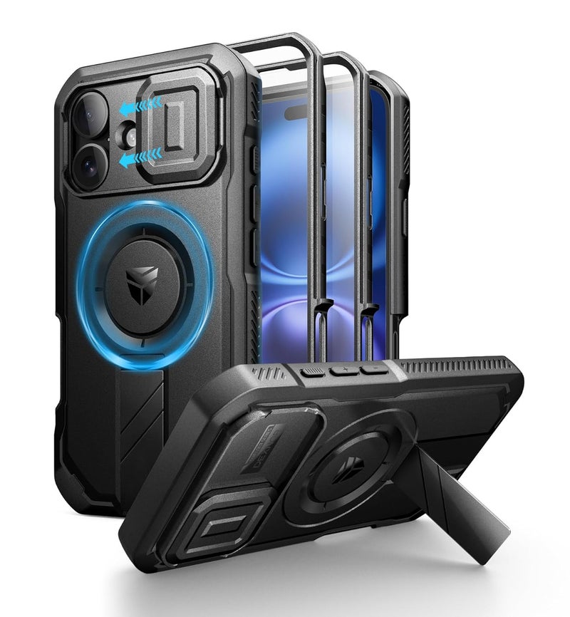 Dexnor for iPhone 16 Case with Slide Camera Cover & Adjustable Kickstand & Built-in Screen Protector,Compatible Wireless Charging Shockproof Bumper Cases Heavy-Duty Magnetic Protective Cover,Black - Image 1